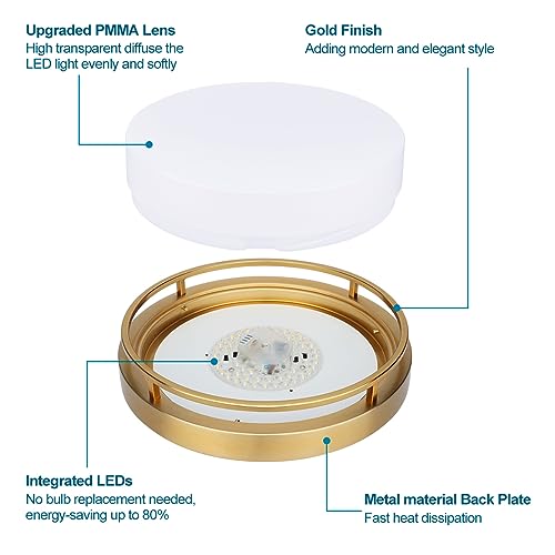 Gold 13 Inch LED Flush Mount Ceiling Light Fixture 20W with Dimmable 3-Color Temp