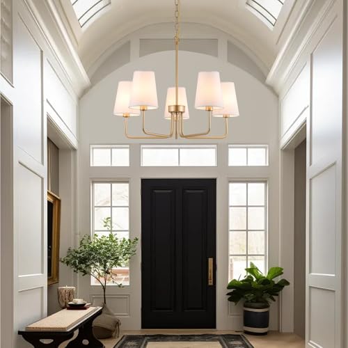 Farmhouse Gold Chandelier with 5 White Fabric Shades - Linear Island Lighting Fixture