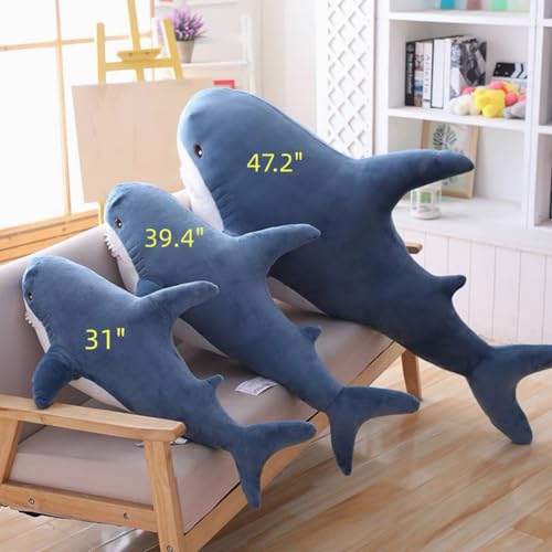 Blue 47.2 Inch XXL Shark Plush Body Pillow for Kids & Adults - Giant Soft Stuffed Animal Decor & Stress Relief Gift