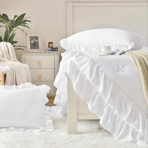 Cupocupa White Queen Comforter Set 3Pcs Ruffle Farmhouse Bedding - Lightweight & Fluffy