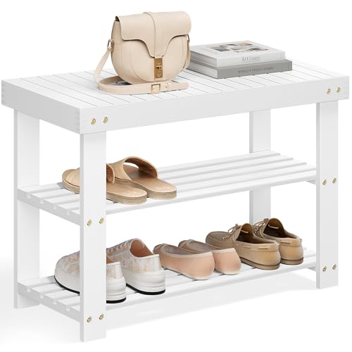 Cloud White 3-Tier Bamboo Shoe Rack Bench, Entryway Organizer, 27.6" Wide
