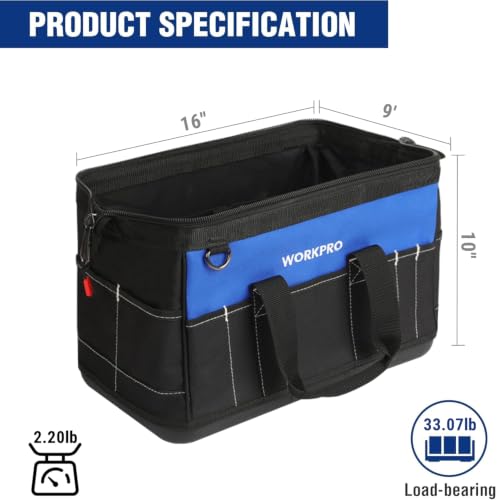 16-Inch Wide Mouth Tool Bag with Waterproof Molded Base - Blue & Black