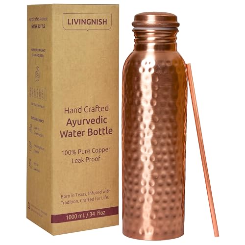 Hammered Copper Water Bottle 34 OZ - Pure, Ayurvedic, Leak-Proof, On-the-Go