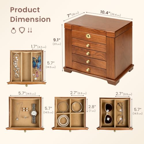 Wood Jewelry Box Organizer with Lockable Drawers & Mirror - 5-Drawer Storage
