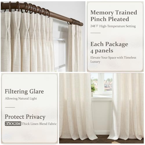 Birch Linen Pleated Curtain Set - 4 Panels, 40"W x 96"L, Ivory Cream, Light Filtering, Memory Shape - LuxuNap