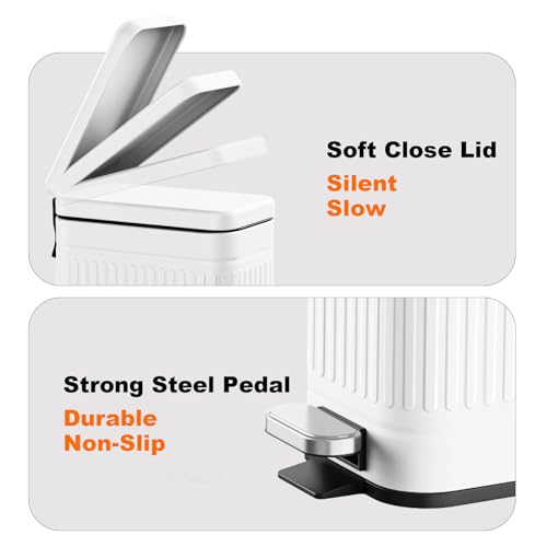 Small Bathroom Trash Can with Soft Close Lid 2.6 Gal Stainless Steel White