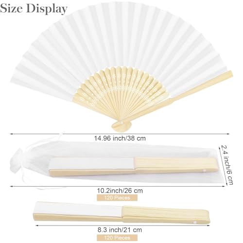 120 Pcs White Bamboo Handheld Paper Fans with Organza Bags Wedding Party Favors