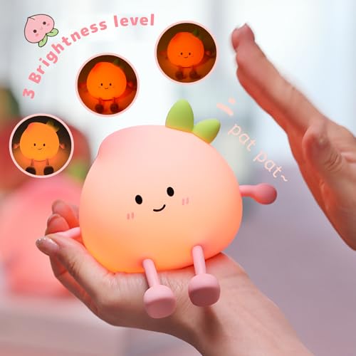 AVEKI Cute Peach Soft Silicone Kids Night Light with 3-Level Dimmable, Rechargeable Touch Control, 30 Minutes Timer, Warm Light