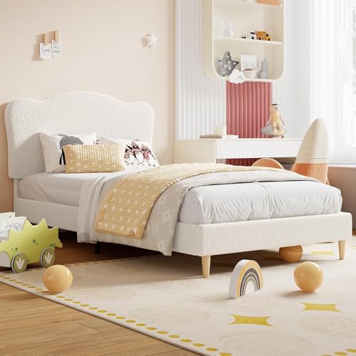 Beige Upholstered Twin Bed Frame for Kids - Safe, Sturdy & Easy Assembly