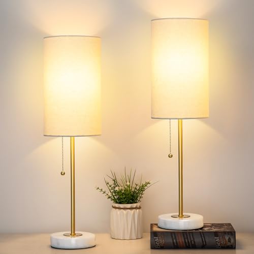 JUNNAI Set of 2 Small Dimmable Bedside Table Lamps with Marble Base & Linen Shade - Gold & Marble Variant