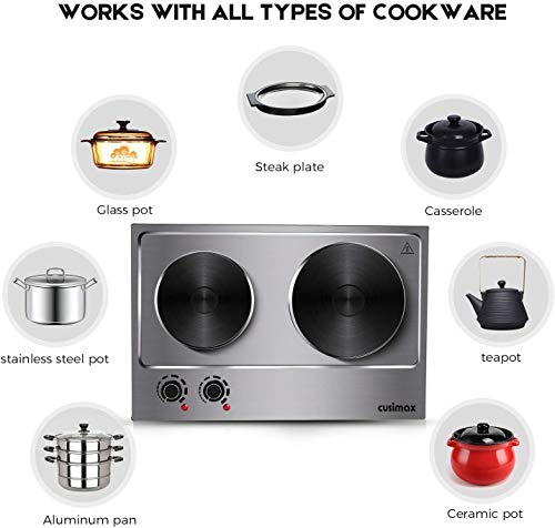 CUSIMAX 1800W Double Hot Plate, Stainless Steel Silver Countertop