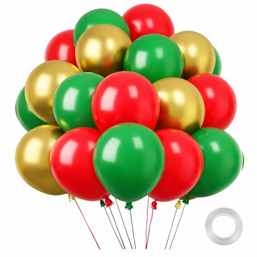 DREAM DECOR Celebrating Life's Moments Red Green Gold Balloon Kit - 50 Assorted Latex Balloons for Christmas & Parties