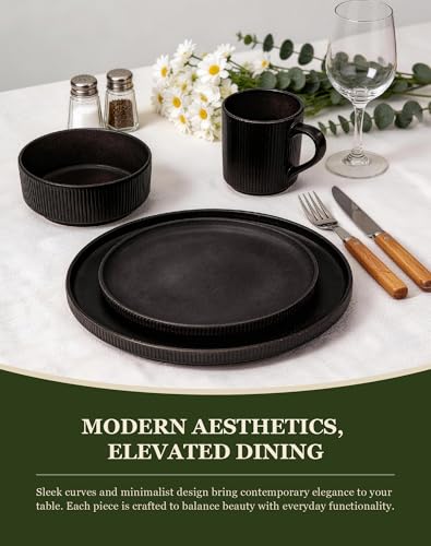 OTAGO Matte Reactive Black 16-Piece Dinnerware Set for 4 with Mugs, Stoneware Plates & Bowls
