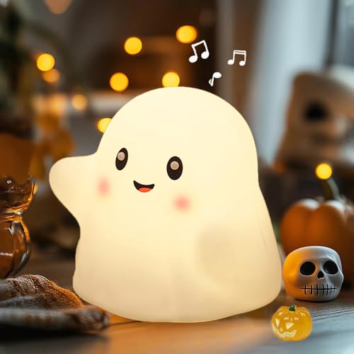 Ghost Night Light for Kids, Silicone Nursery Nightlight with 13 Interactive Sound Effects ,Halloween Decor Lamp Adjustable Dimmable Lamp with Touch Sensor Children's Christmas Gifts (white ghost 1)