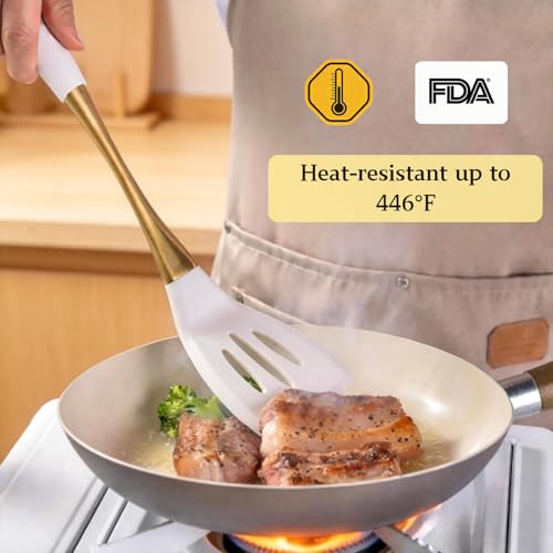 White Gold Silicone Cooking Utensils Set - Non-Toxic, Dishwasher Safe Kitchen Tools with Heat-Resistant Handles - Includes Spatula & Spoon (Variation: White Gold)