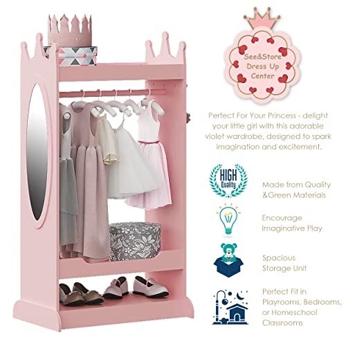Kids Pink Dress Up Storage Closet with Crown Top & Mirror - Toddler Wardrobe
