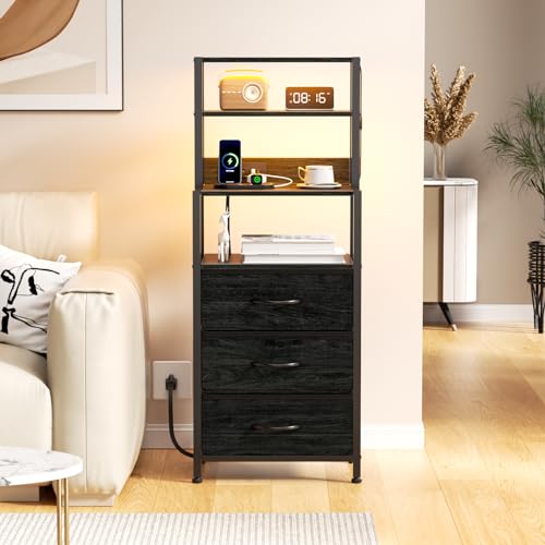 Furnulem 3-Drawer Tall Nightstand with Charging Station - Black Oak