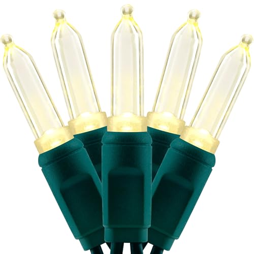 YULETIME 100 Warm White T5 LED Christmas Lights, 33 ft Waterproof, One-Piece Green Wire