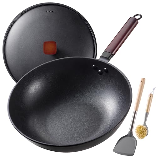 13-Inch Carbon Steel Wok with Lid - Nonstick Stir-Fry Pan, Black