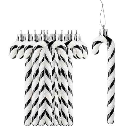 12Pcs Glitter Candy Cane Christmas Tree Decorations Christmas Plastic Candy Cane Christmas Tree Hanging Ornament for Holiday Party Decoration Favor (Black and White)