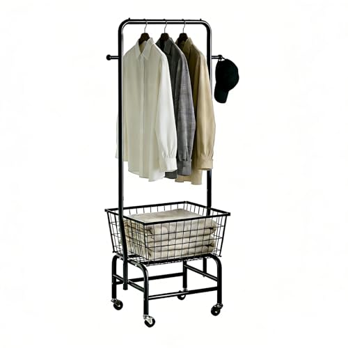 Laundry Basket with Wheels & Hanging Rack - Black, Heavy-Duty Steel, Large Capacity