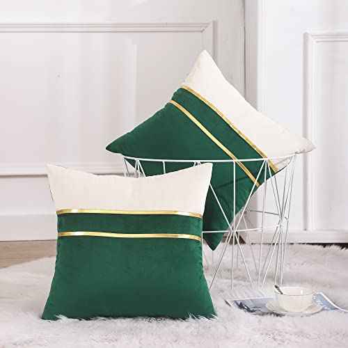Tosleo Christmas Green Velvet Splicing Throw Pillow Covers 22x22 Inche Pack of 2 with Gold Leather,Soft Decorative Pillow Cover Farmhouse Couch Pillow Case Square Cushion Case