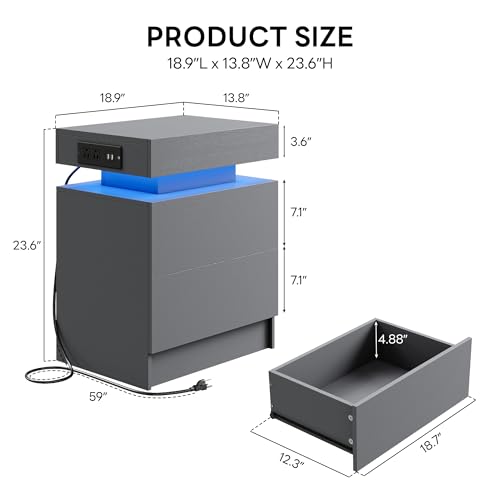 Nightstand with Charging Station & LED Light - Grey, 2 Drawers, Modern Compact