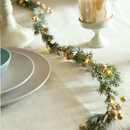 Sunset Home 6.5Ft Battery-Operated Christmas Garland with Lights, Gold Berries & Remote, Indoor Outdoor
