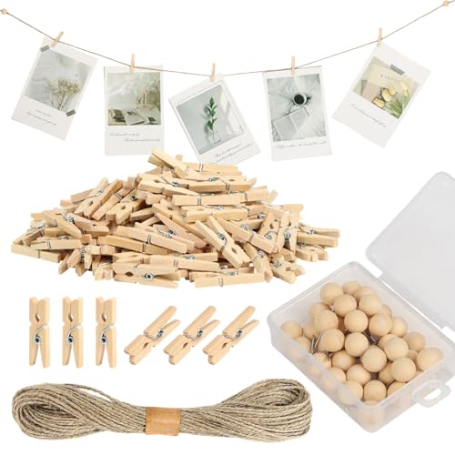 100 Pcs Wooden Clothespins for Photo Hanging Display, Mini Clothes Pins with String, Photo Display Hanging Clips for Crafts Pictures Photos Home Birthday Wedding Party Decoration