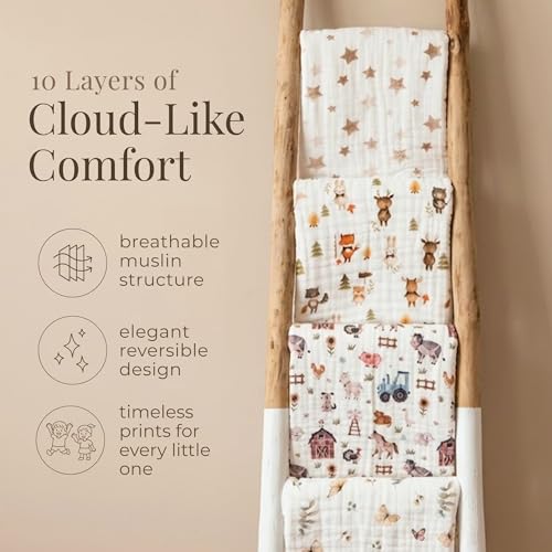 Organic Cotton Muslin Baby Blanket Farm Variation - Soft, Breathable Toddler Swaddle for Boys & Girls