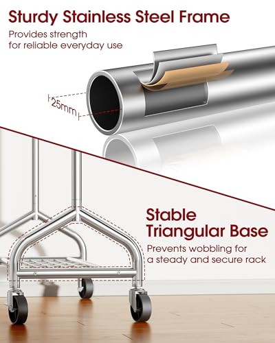 Extendable Stainless Steel Clothes Rack - Silver, 49.8 to 74.8 Inches, with Casters and Bottom Shelf