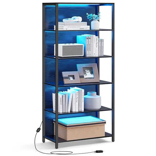 VASAGLE 6-Tier LED Bookshelf with Dimmable Color-Changing Lights - 11.9"D x 23.6"W x 70.3"H