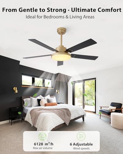 CalorHoga 52 Inch Gold Ceiling Fan with Lights Remote & App Modern Style