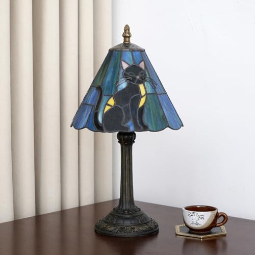 KIPHEPI 8-inch Black Cat Tiffany Table Lamp - Stained Glass Bedside Decor