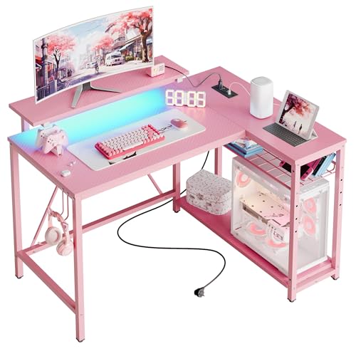 Pink Carbon Fiber Gaming Desk with LED Lights & Power Outlets - 42 Inch L-Shape