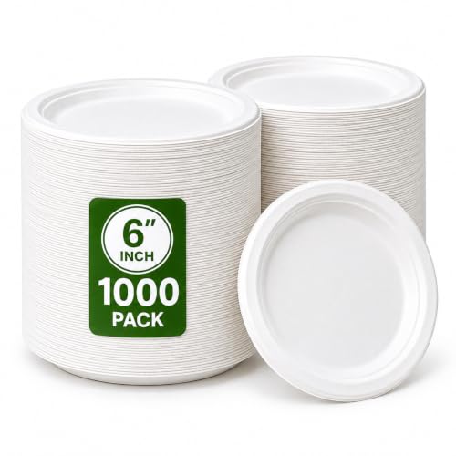 Uniecocus 6 Inch Disposable Paper Plates 1000 Pack Small Dessert Plates, White, Eco-Friendly & Heavy-Duty