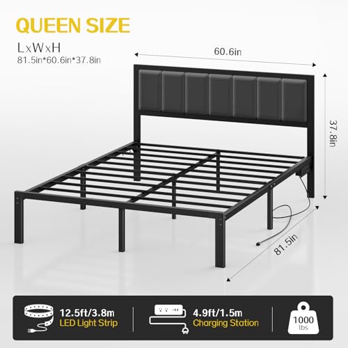 Queen Bed Frame with Headboard, Smart LED & Charging Station - OLEVS