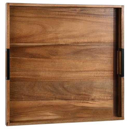 Joy&Grace Large Natural Acacia Wood Ottoman Tray with Metal Handles 22x22 inches