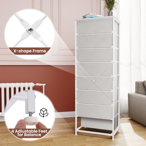 White Fabric Dresser with 8 Drawers - Tall Narrow Vertical Storage Tower