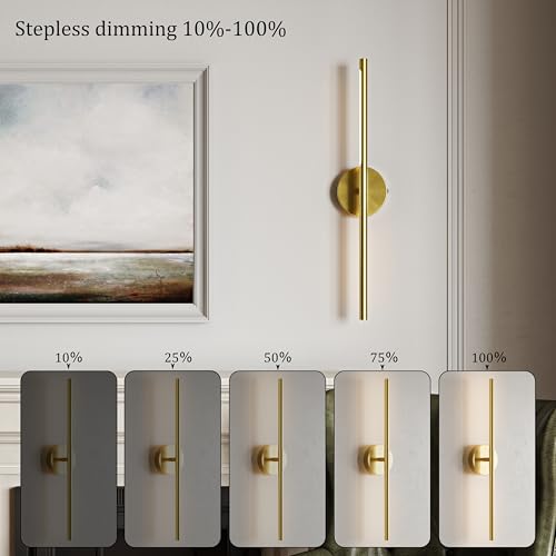 24-Inch Battery Operated Wall Sconce Set of 2 - Gold, 350° Rotating Lamp, Cordless Rechargeable, Dimmable & Remote Control