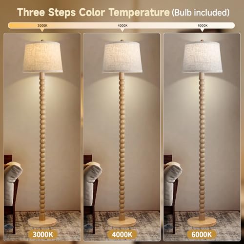 Ruiever Wooden Floor Lamp with 3 Color Changing Bulb - Farmhouse Tall Standing Lamp with Linen Shade, Real Wood Finish, for Living Room & Bedroom