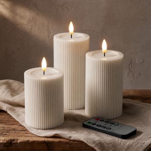 Cream Beige Fluted LED Pillar Candles Set of 3 - Flameless Dimmable Remote