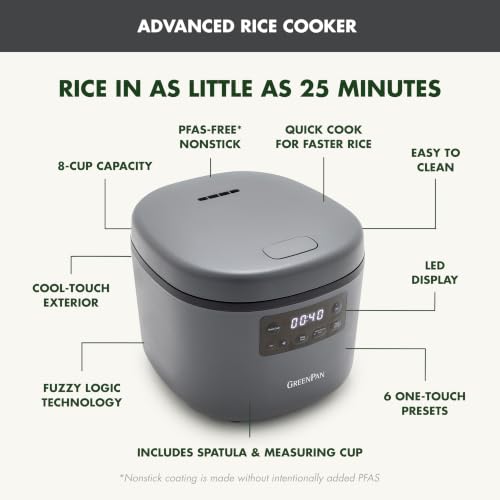8-Cup Family-Size Rice Cooker - Graphite, PFAS-Free Ceramic Nonstick, Presets
