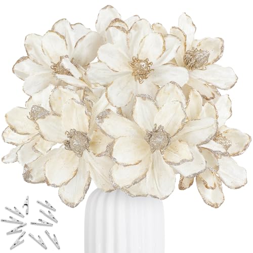 XunYee White Christmas Glitter Magnolia Flowers 6'' - 10 Pcs Holiday Decor