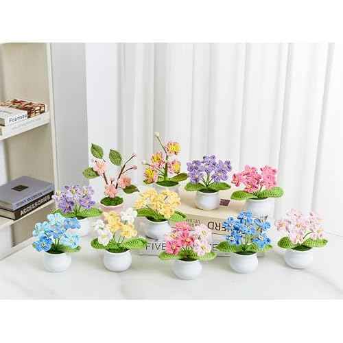 Crochet Flowers Cute Handmade Knitted Potted Gradient Blue Forget Me Not Flower Gifts for Women Coworkers Teacher Birthday Anniversary Christmas Decor for Home Room Office Desk Accessories
