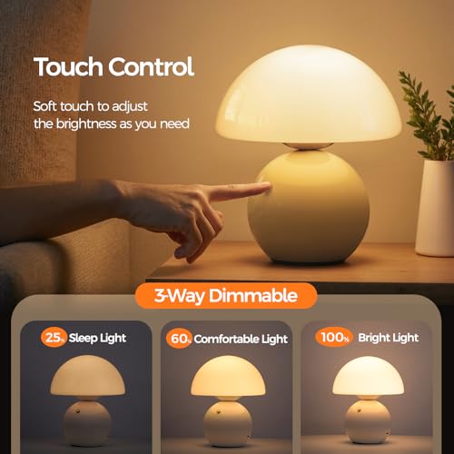 Cream Wireless Mushroom Table Lamp with 5200mAh Battery - Portable Touch Night Light