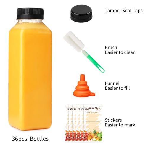 16oz Plastic Juice Bottles with Caps - 36 Pack Clear Reusable Containers