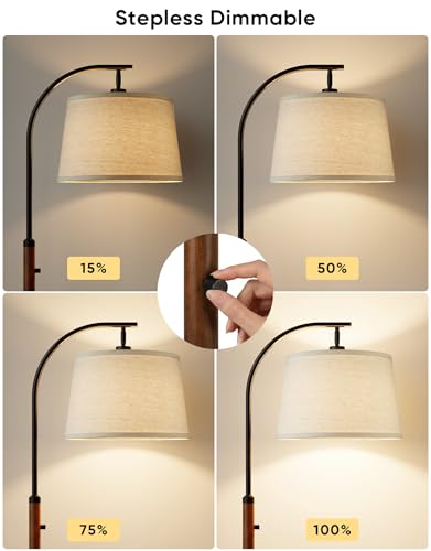 Dimmable Mid-Century Modern Arc Floor Lamp with Linen Shade - Black and Rustic Brown