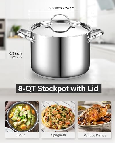 8 Quart Stainless Steel Stock Pot - Induction Compatible with Lid