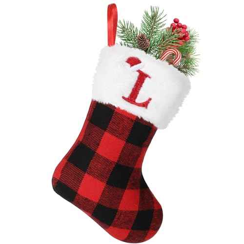 8inches Initial Monogram Christmas Stocking Red Buffalo Plaid Christmas Stocking with Embroidered Letter Personalized Mini Christmas Stocking White Plush Xmas Stocking for Xmas Tree Fireplace Decor(L)